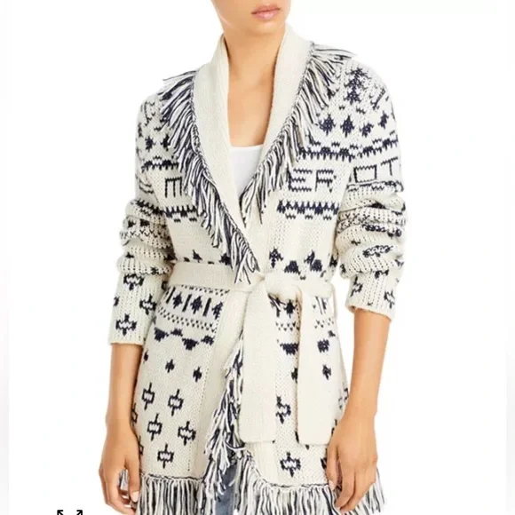 MOTHER Belted Short Cardigan Alpaca Blend Fringe Ivory Navy Blue S NWOT - Picture 2 of 11